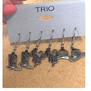 Trio Western Earring Set Silver Cowboy Boots Saddles Hats 3 Pairs NEW